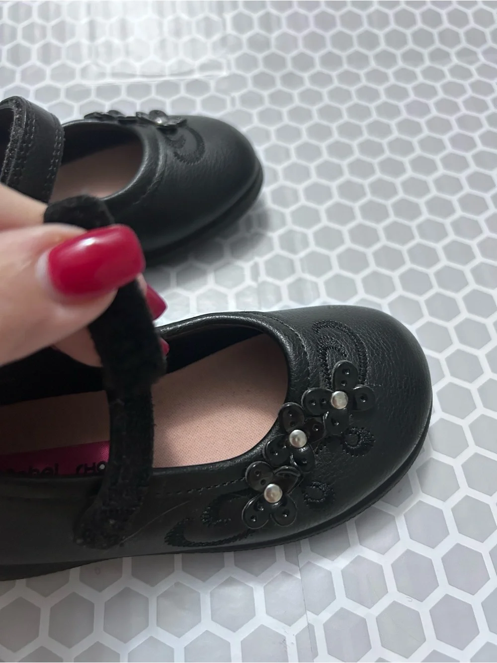 Rachel Black Mary Jane Shoes with Floral Bead Detail. Size 8